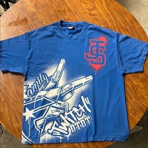 Blue Graphic T-Shirt with Red and White Accents